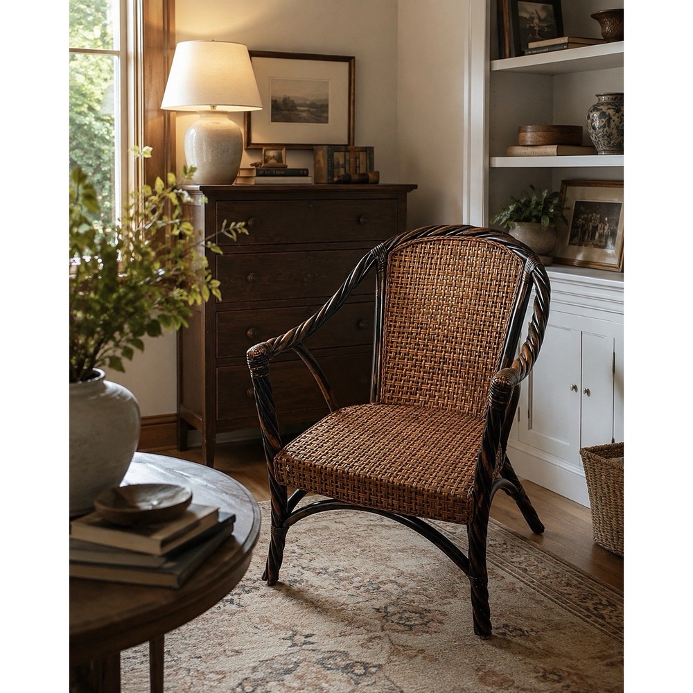 70's Vintage Barley Twist Ebonized Rattan and Wicker Seat